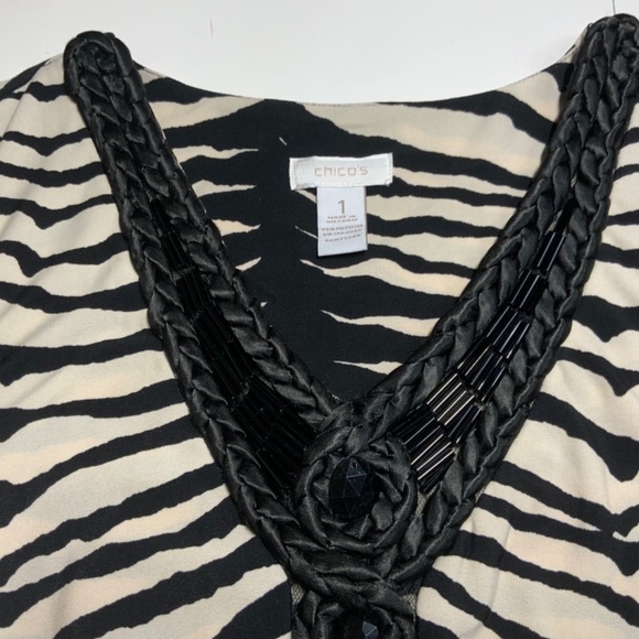 CHICO’S Zebra Print Sleeveless Maxi Dress Vee Neckline Beading Detail US Sz M - Picture 7 of 10